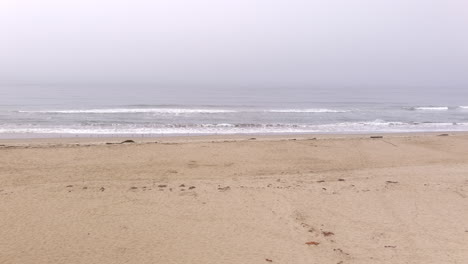 Backward-movement-shot-of-waves-crashing-on-the-sandy-beach-at-sunset