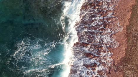 Aerial-drone-shot-of-waves-crushing-onto-the-fringe-reef-of-the-atoll-of-Fakarava,-French-Polynesia