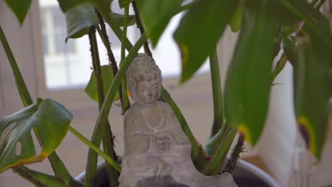 Blick-Auf-Die-Weiße-Buddha-Statue,-Die-Unter-Einer-Pflanze-Auf-Dem-Boden-In-Einem-Haus-Gehalten-Wird