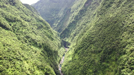 Flight-along-the-Marsouins-River-gorges-which-cuts-through-tall-mountains