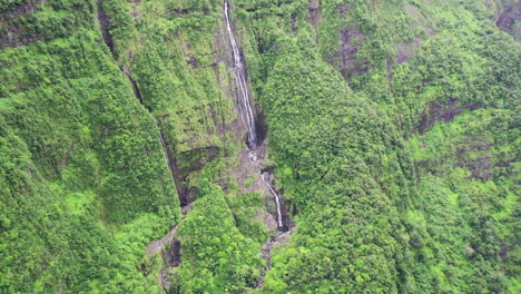 Aerial-view-over-the-Takamaka-waterfalls-on-the-Marsouins-River,-Reunion-Island