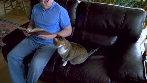 A-man-sits-down-to-read-a-novel-as-his-pet-cat-looks-on