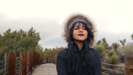 A-beautiful-young-hispanic-woman-on-a-cold-stormy-day-with-a-rainbow-in-the-dark-cloudy-sky-SLOW-MOTION