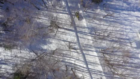 Tracking-a-yellow-snowmobile-through-a-forest-trail-with-lond-diagonal-shadows-AERIAL-TOP-DOWN
