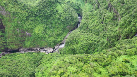 Aerial-view-over-the-Takamaka-waterfalls-on-the-Marsouins-River,-Reunion-Island