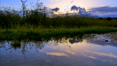 Timelapse-of-a-cloudy-sky-reflecting-in-a-glassy-pond-at-sunrise