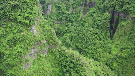 Flight-over-the-rugged-gorge-landscape-around-the-Takamaka-waterfalls-on-the-Marsouins-River,-Reunion-Island
