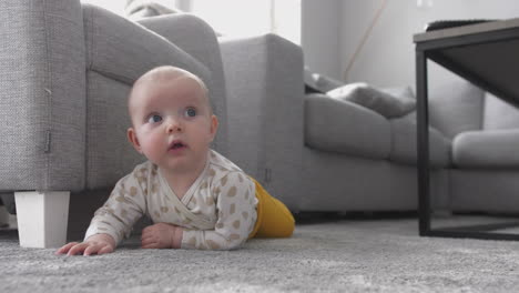 Crawling-Baby-toddler-turns-on-to-front-on-living-room-carpet,-low-angle-slow-motion