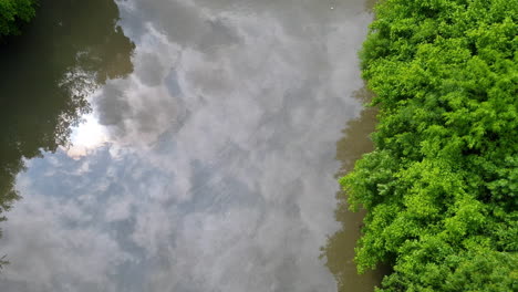 Reflection-of-the-sun-and-cloudy-sky-from-the-surface-of-a-deep-river-with-muddy-water