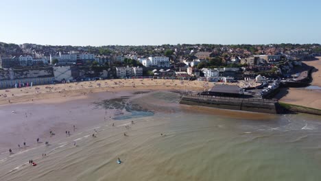 High-panning-point-of-view-Broadstairs-Kent-seaside-town-and-beach-drone-aerial-view