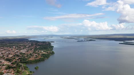 Aerial-view-of-the-Tocantins-river-in-Porto-Nacional-Tocantins-city,-Brazil,-amazon