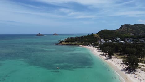 4K-cinematic-clockwise-drone-shot-of-the-crystal-clear-blue-water-and-two-islands-at-Kailua-Beach-on-the-Island-of-Oahu