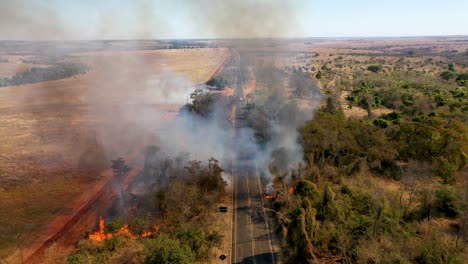 Aerial-view-of-bush-fire-beside-highway,-fire,-bush,-danger
