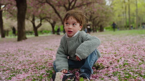 Filmaufnahme-Eines-Glücklichen-Kleinen-Jungen,-Der-Singt,-Während-Er-Auf-Dem-Rosa-Frühlingsfeld-Sitzt-Und-Einen-Grauen-Pullover-Und-Jeans-Trägt