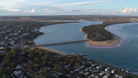 Aerial-view-of-Barwon-Heads-Bridge-at-the-mouth-of-the-Barwon-River,-Victoria-Australia