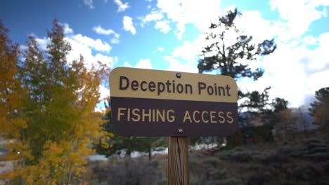 Deception-Point,-Fishing-Access-Sign-on-Board-by-Twin-Lakes,-Colorado-USA-at-Early-Fall