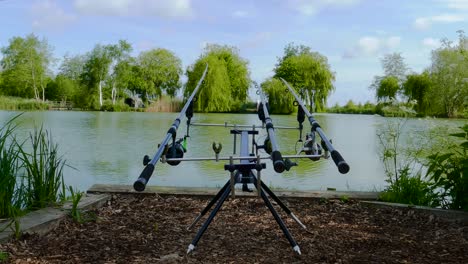 Time-lapse-shot-of-Carp-fish-pulls-fishing-rod-while-catching-fish-at-a-forest-lake---static-shot
