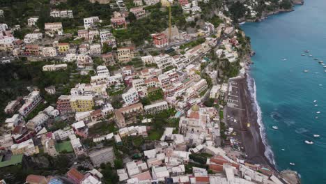 Italian-Beach-Town-of-Positano,-Amalfi-Coast-during-Summertime,-Aerial