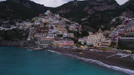 Exotic-Beach-Travel-Destinaton-of-Positano-on-Amalfi-Coast-of-Italy,-Aerial