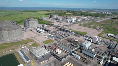 National-grid-Grain-LNG-Terminal-gas-storage-tanks-Kent-UK-drone-aerial-view