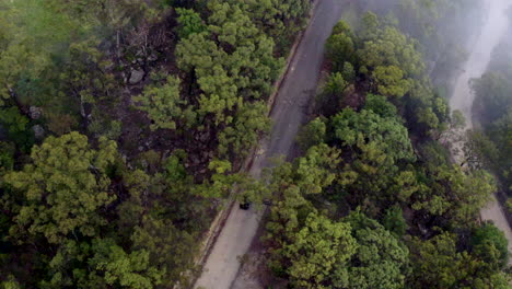 Aerial:-Drone-following-a-car-driving-on-a-winding-road-through-a-cloudy-forest