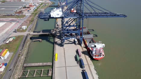 London-Thamesport,Container-port-river-Medway-Kent-UK-rising-drone-aerial-view