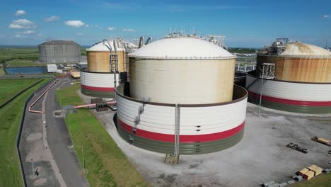 National-grid-Grain-LNG-Terminal-gas-storage-Kent-UK-rising-drone-aerial-view