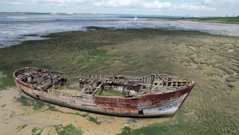 Shipwrecked-boat-river-medway-Kent-UK-close-up-drone-aerial-view