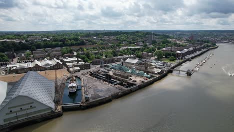 Historic-Dockyard-Chatham-Kent-UK-pul-back-reverse-drone-aerial-view