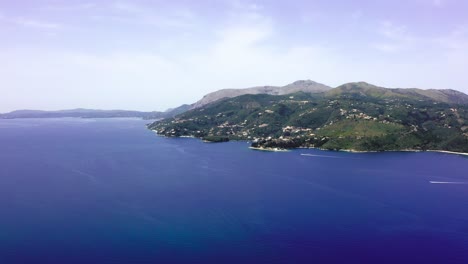 panoramic-of-Corfu-Island-coastline-in-Greece,-at-sunny-daytime