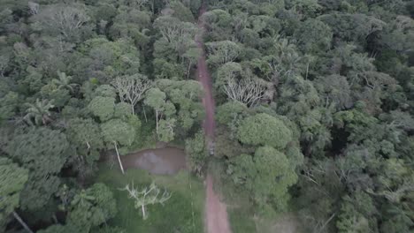 Conducción-De-Automóviles-En-Un-Camino-De-Tierra-En-El-Bosque-En-Colombia---Toma-Aérea-De-Drones