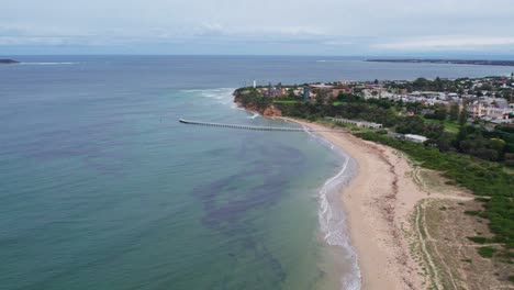 Drising-drone-view-of-the-historic-part-of-Queenscliff-with-the-Port-Philip-Heads-in-the-distance
