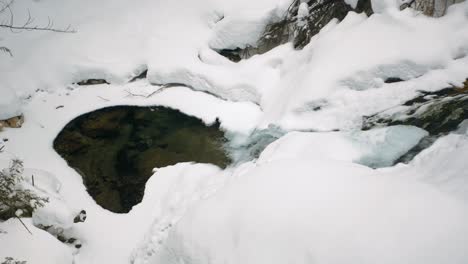 Small-stream-flowing-in-winter-with-chunks-of-ice-and-snow-surrounding-it