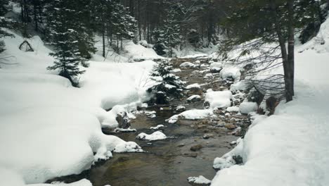 Small-stream-flowing-in-winter-with-chunks-of-ice-and-snow-surrounding-it