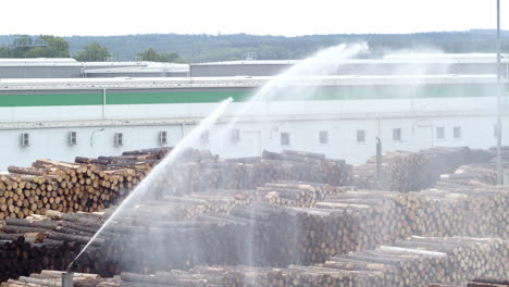 The-timber-industry,-timber-transshipment-yard-with-water-jets-for-moisture-retention-of-logs