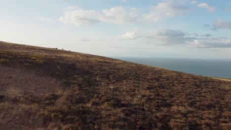 Kamerafahrt-Aus-Der-Luft-Bei-Sonnenuntergang-über-Moorland-Mit-Schönem-Blauen-Himmel-Und-Wunderschönem-Meer-In-North-Devon,-Großbritannien