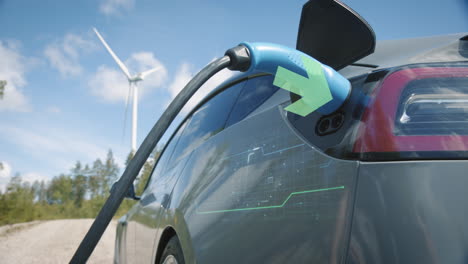 SLIDER,-MOTION-GRAPHICS-show-electricity-flowing-as-a-generic-electric-vehicle-is-plugged-in,-wind-turbine-behind