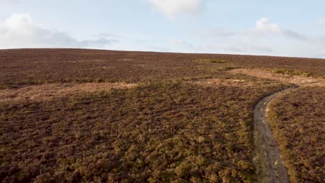 4K-Fast-Rising-Aerial-Shot-Over-Exmoor-UK-with-Hiker-Path-at-Sunset