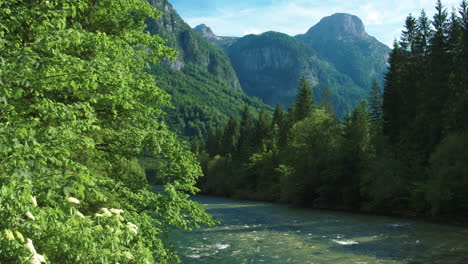 Stunning-cinematic-tracking-shot-left-to-right-of-a-river-near-Hallstatt