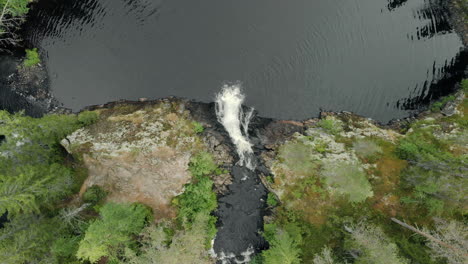 Waterfall-seen-from-a-drone-in-a-forest-of-strong-green-color