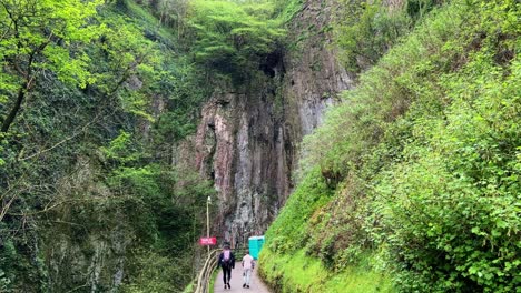 Two-people-walking-up-a-pass-with-steep-cliffs-on-both-sides-and-green-trees