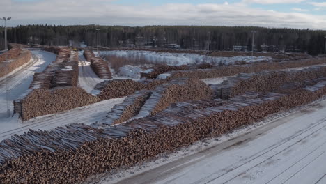Stunning-cinematic-shot-circling-around-a-timber-yard-in-a-cold-snowy-place
