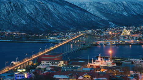 Stunning-cinematic-shot-of-Tromso-Bridge-and-cathedral