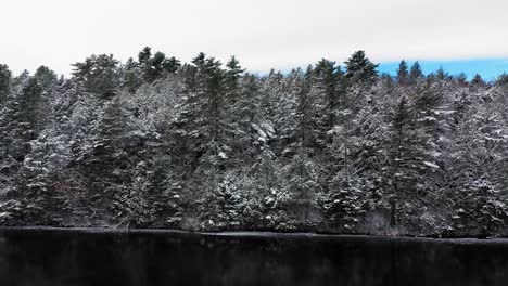 Aerial-SLIDE-to-right-past-a-snow-covered-forest-shore-with-dark-reflections-in-the-cold-water-below