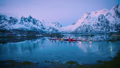 Absolutely-stunning-wide-shot-of-moored-fishing-boats-in-Lofoten,-Norway