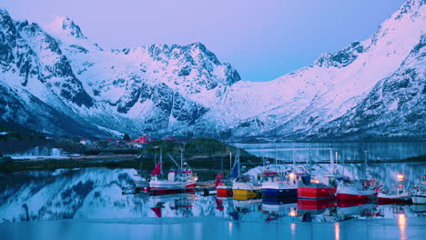 Absolutely-stunning-cinematic-fishing-boats-in-Norway,-on-the-Lofoten-Islands