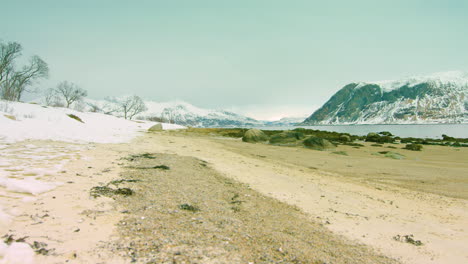 Cinematic-tracking-shot-on-a-snowy-beach-on-a-fjord