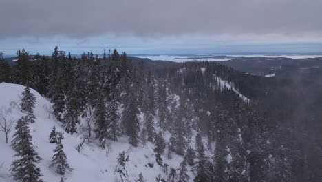 Absolut-Atemberaubende-Filmische-Luftaufnahme-Eines-Kalten,-Nebligen-Bergkoli-In-Finnland