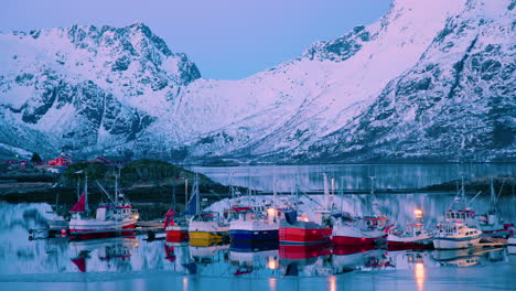 Cinematic,-beautiful-shot-of-fishing-boats-near-Svolaer,-Lofoten