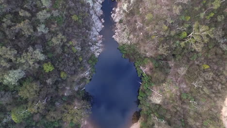 Drone-aerial-top-down-view-of-lake-in-Freestone-Creek-walking-track,-Briagolong,-Australia